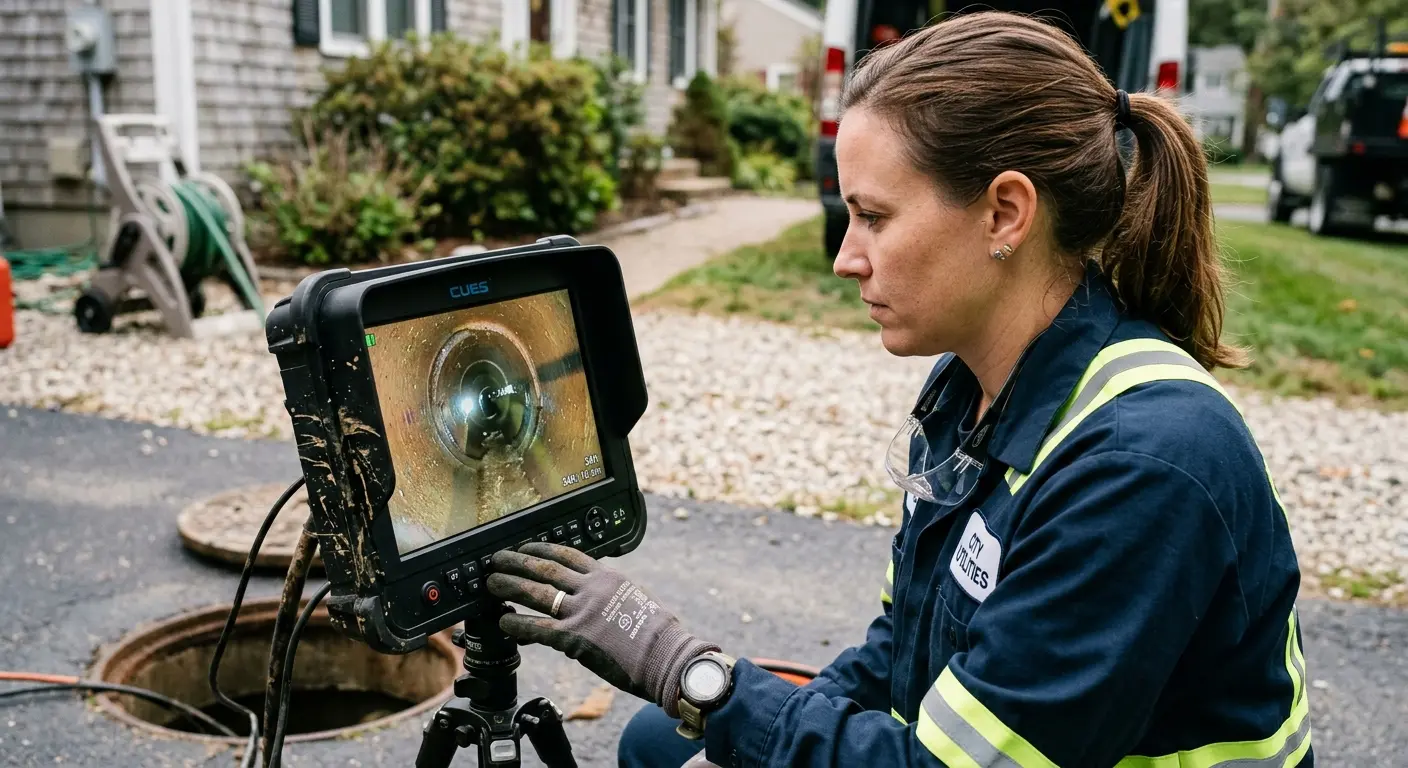 Technician reviewing sewer camera inspection footage in Vicksburg
