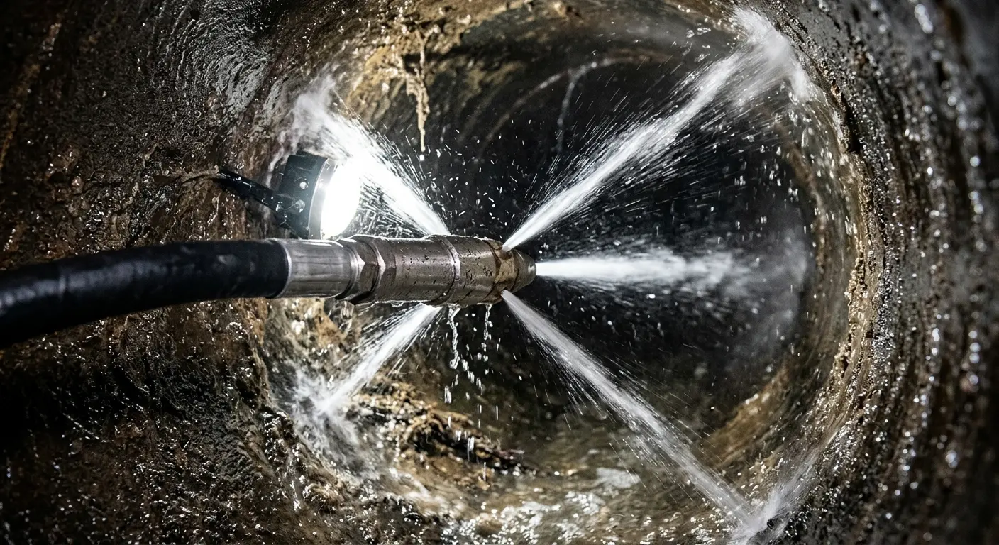 High-pressure hydro jetting nozzle cleaning sewer pipe for Storm Drain Cleaning in Vicksburg