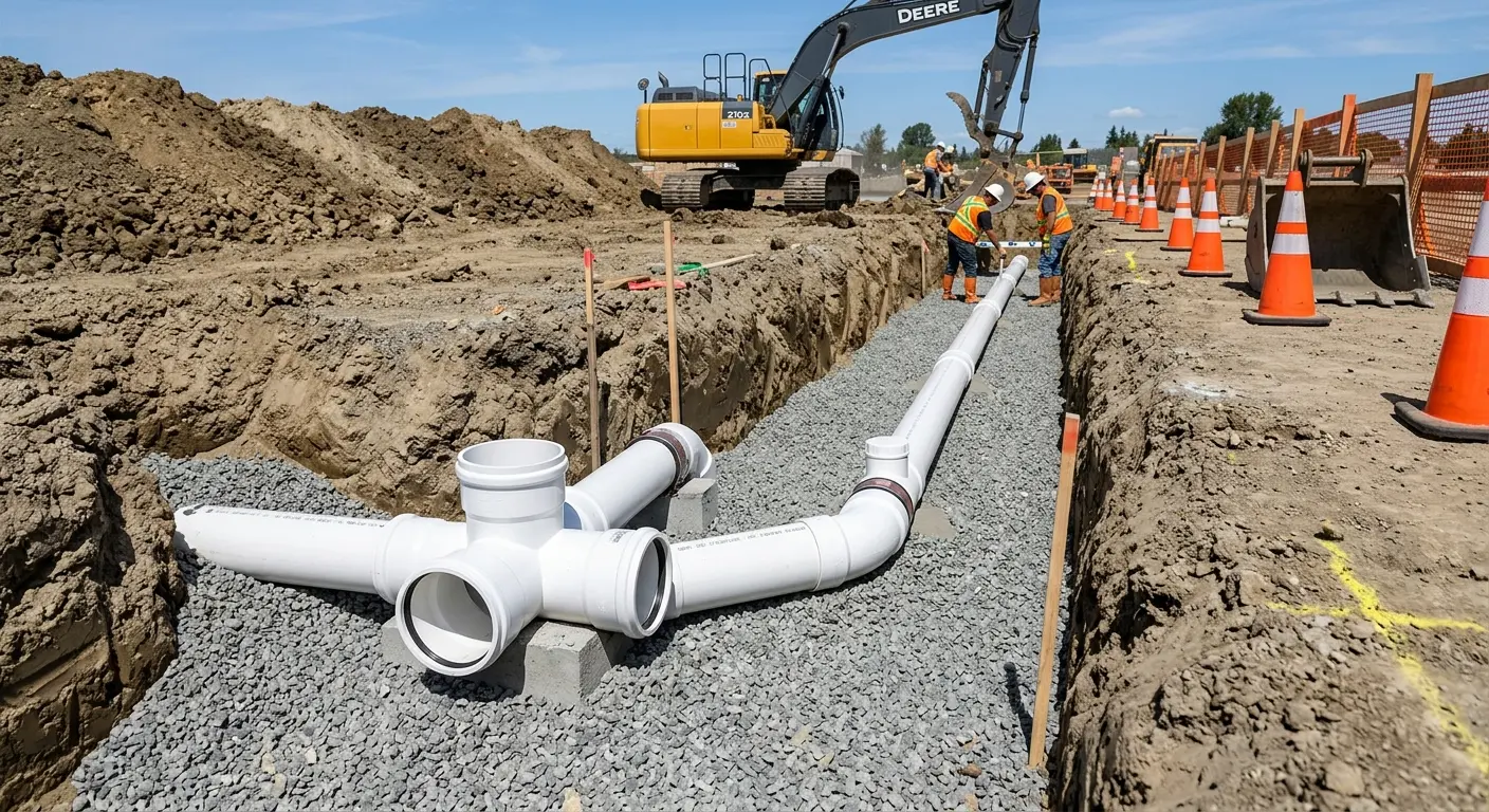New PVC sewer pipe installation in open trench for Sewer Backup in Vicksburg