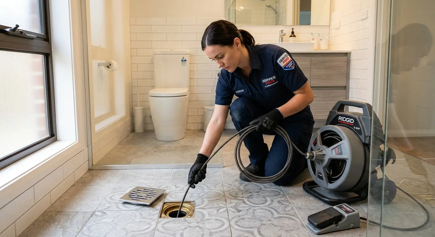 Technician clearing a bathroom floor drain for Drain Cleaning in Vicksburg